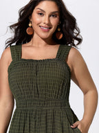 Textured Wide Straps Shirred Waist Jumpsuit