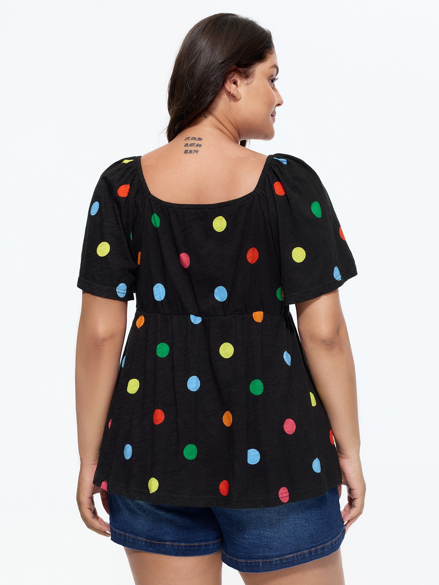 Cotton Stretchy Colorful Dot Print Drawstring Babydoll Top