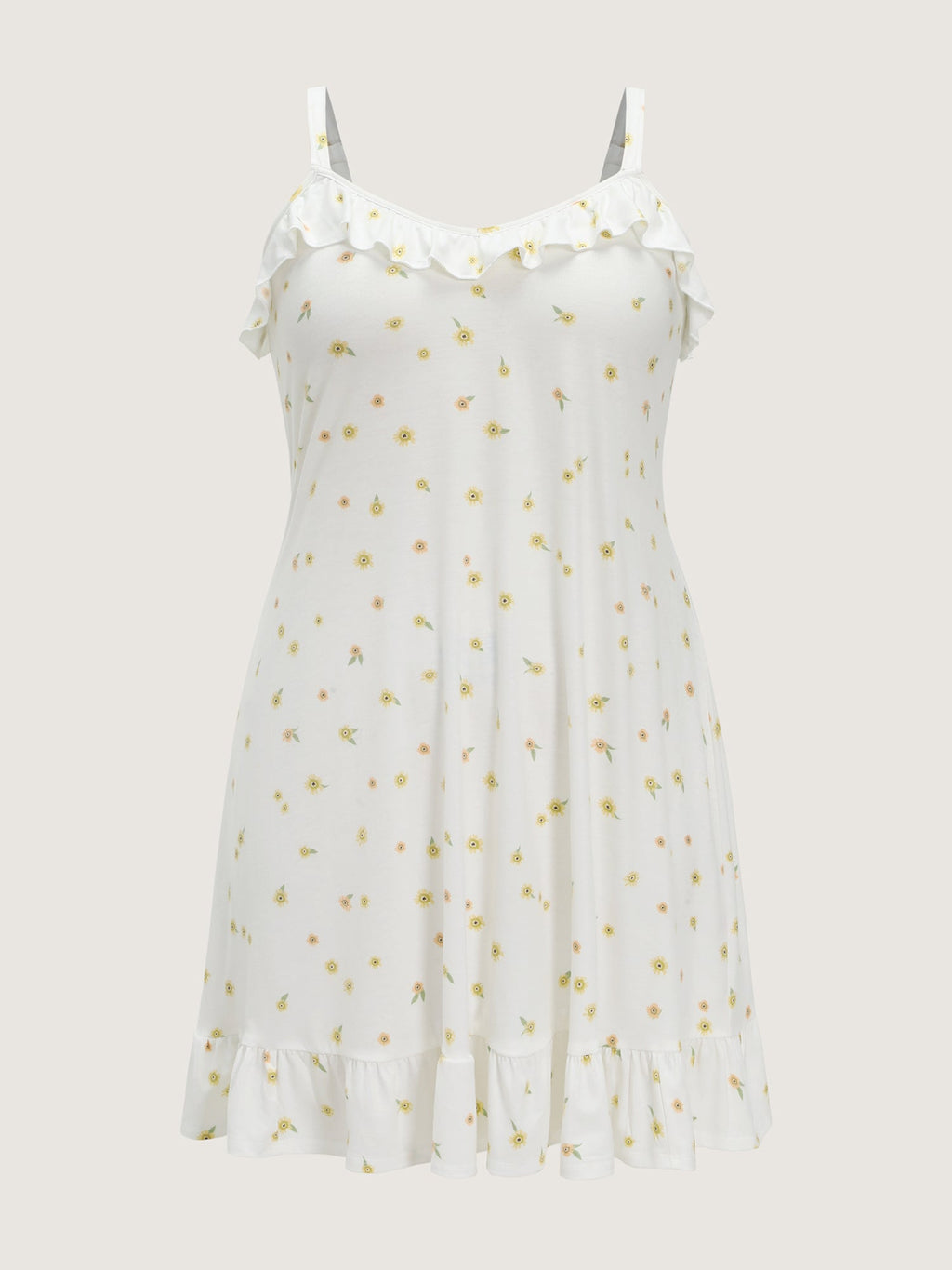 Supersoft Ruffled Neckline Floral Print Sleeveless Nightgown