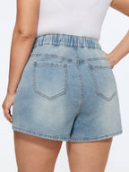 Stretchy Elastic Back Waist Straight-Leg Denim Shorts