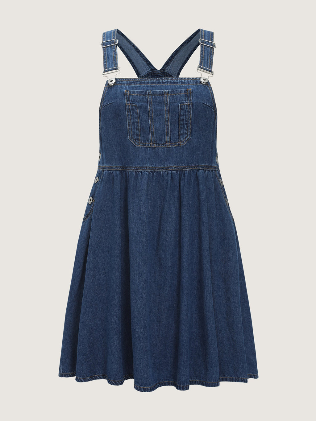 Stretchy Overall Straps Pleated Mini Denim Dress