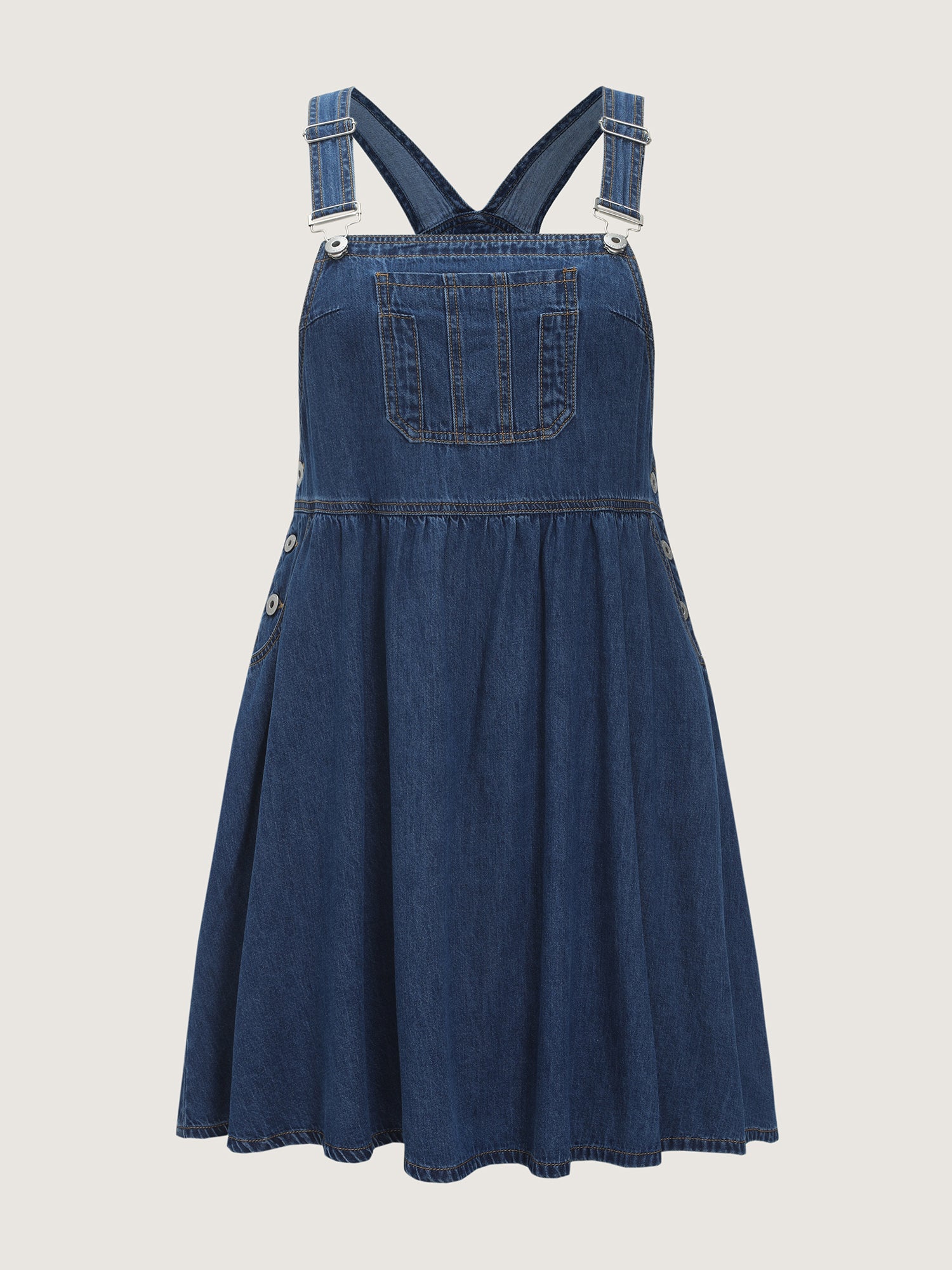Stretchy Overall Straps Pleated Mini Denim Dress