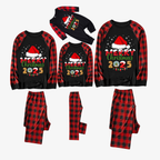 Red and Black Plaid Christmas Pajamas Set With Santa Hat and "Merry Christmas 2025" Text Print