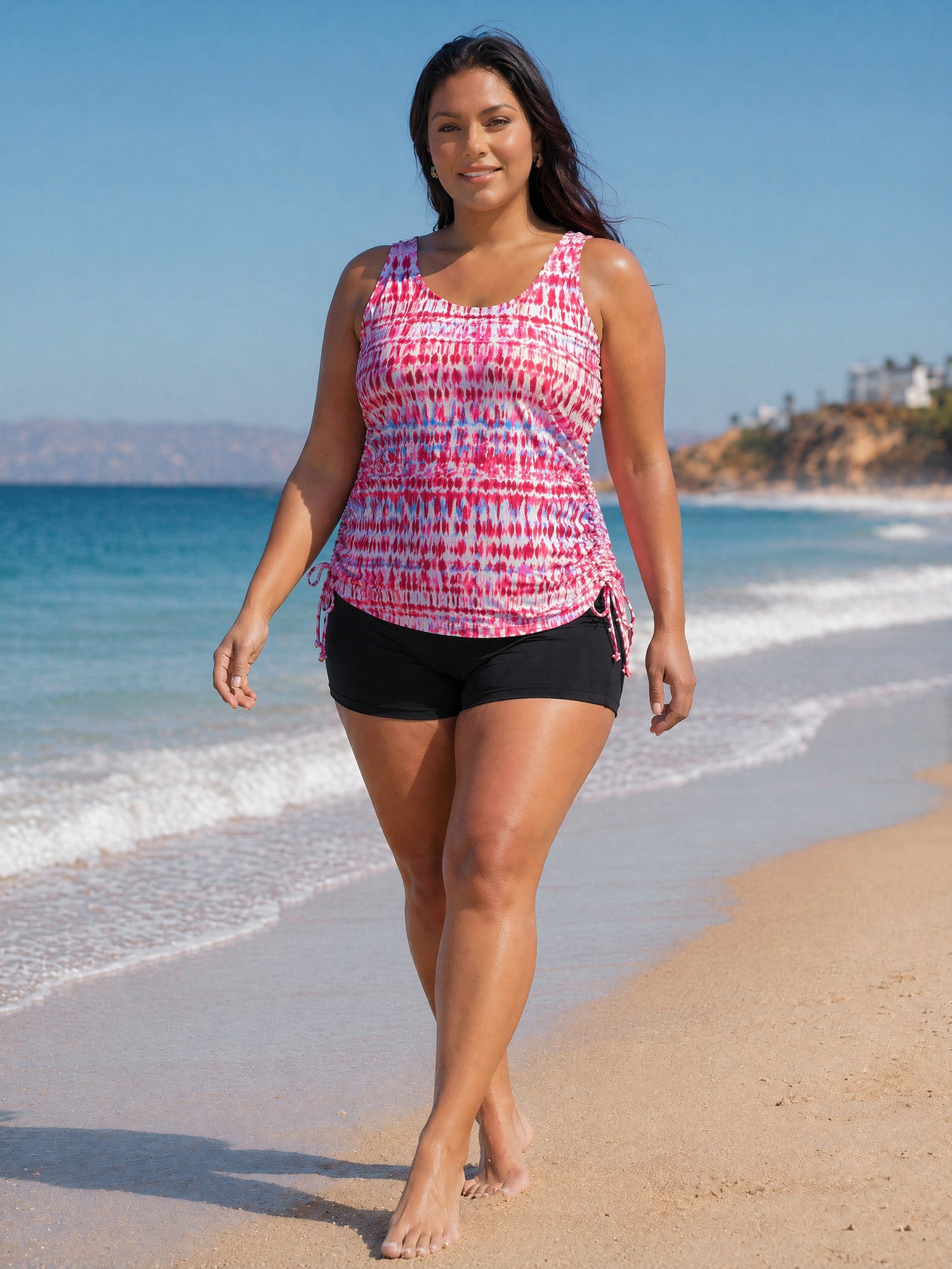 Tie-Dye Effect Scoop Neckline Swim Top