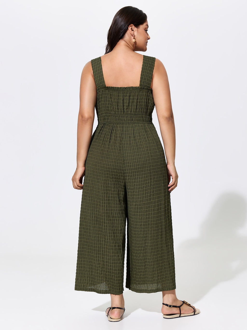 Textured Wide Straps Shirred Waist Jumpsuit