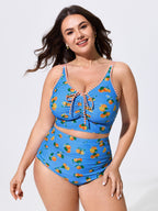 Citrus Print Striped Straps Swim Top