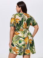 Tropical Print Shirred Wide-Leg Romper