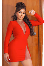 Long Sleeve Mesh Patchwork Bodycon Mini Dresses-Red