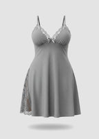 Plus Size Lace-Trim Cotton Nightdress with Side Slit & Adjustable Straps