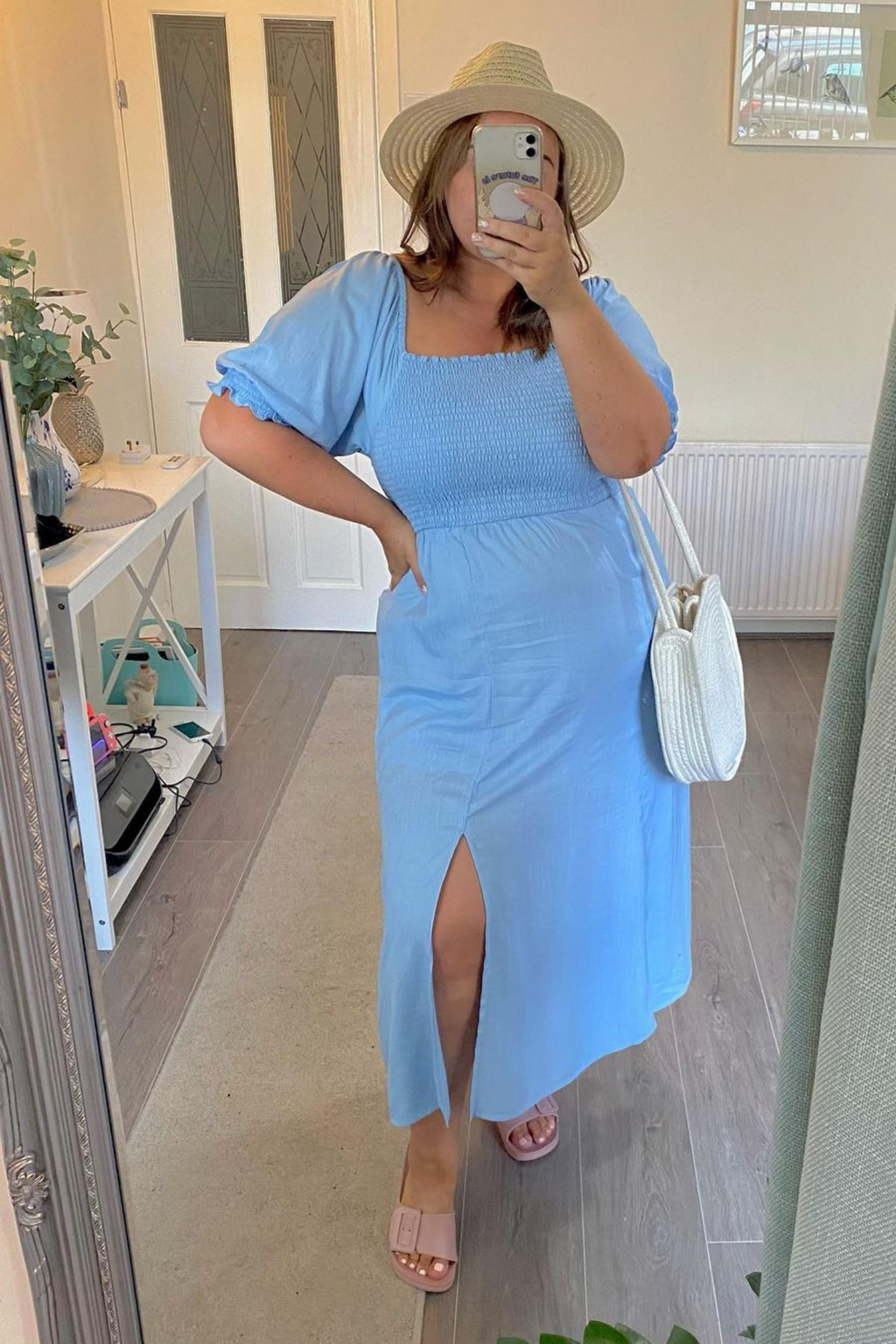 Katie - Shirred Bodice Midi Dress - Blue