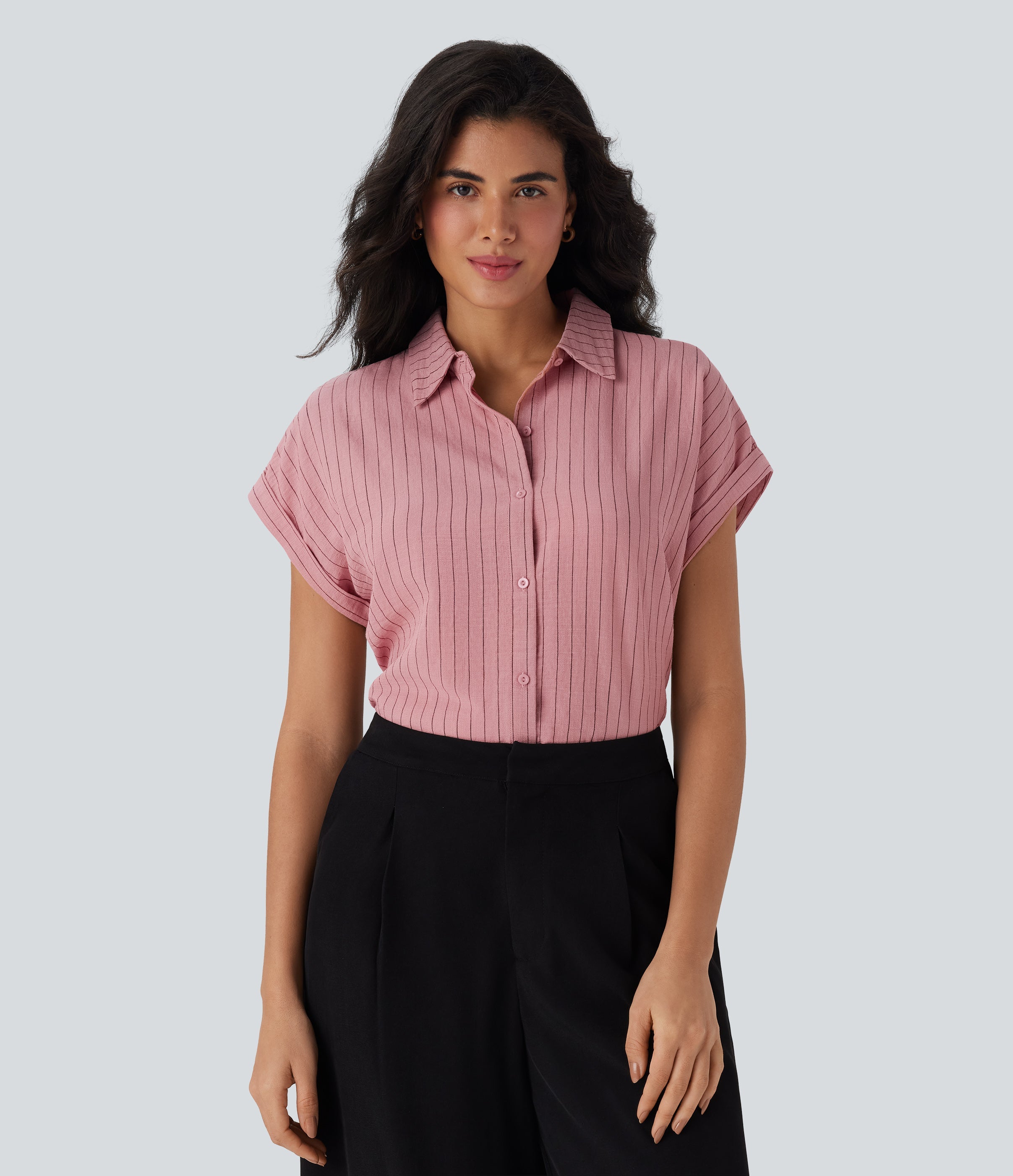 Short Sleeve Stripe Work Linen-Feel Shirt