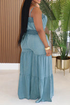 Convertible Strapless Cami Neck Denim Smocking Wide Leg Casual Jumpsuit-Blue