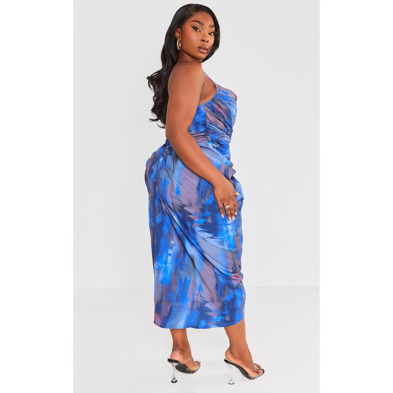 Plus Blue Abstract Print Chiffon Ruched Drape Midi Dress