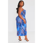 Plus Blue Abstract Print Chiffon Ruched Drape Midi Dress
