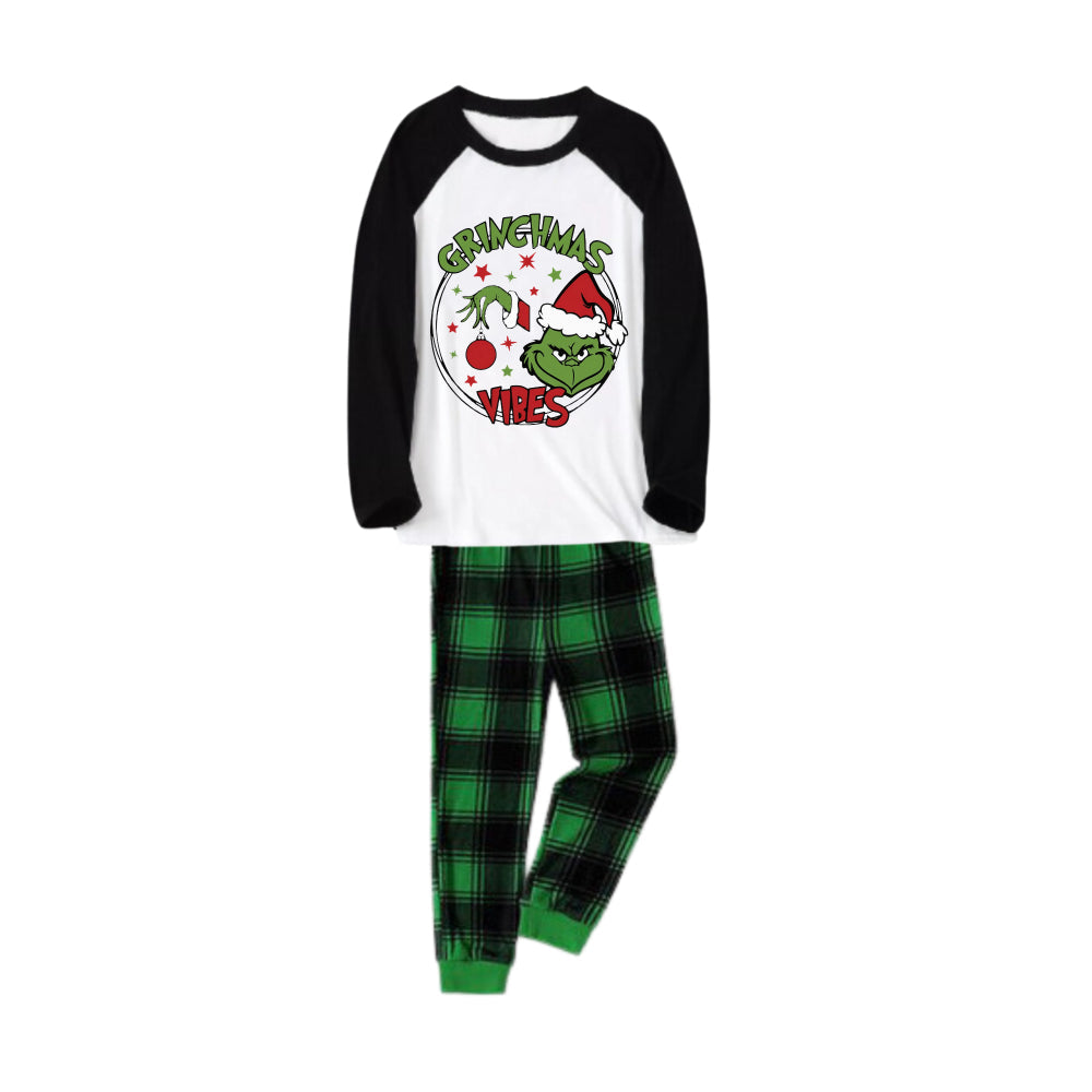 Black Raglan Top Green Plaid Christmas Pajamas Set With Grinch Print