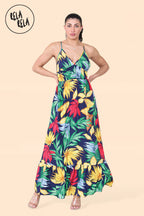Floral Ruffle Hem Cami Maxi Dress with Shirred Back in Navy