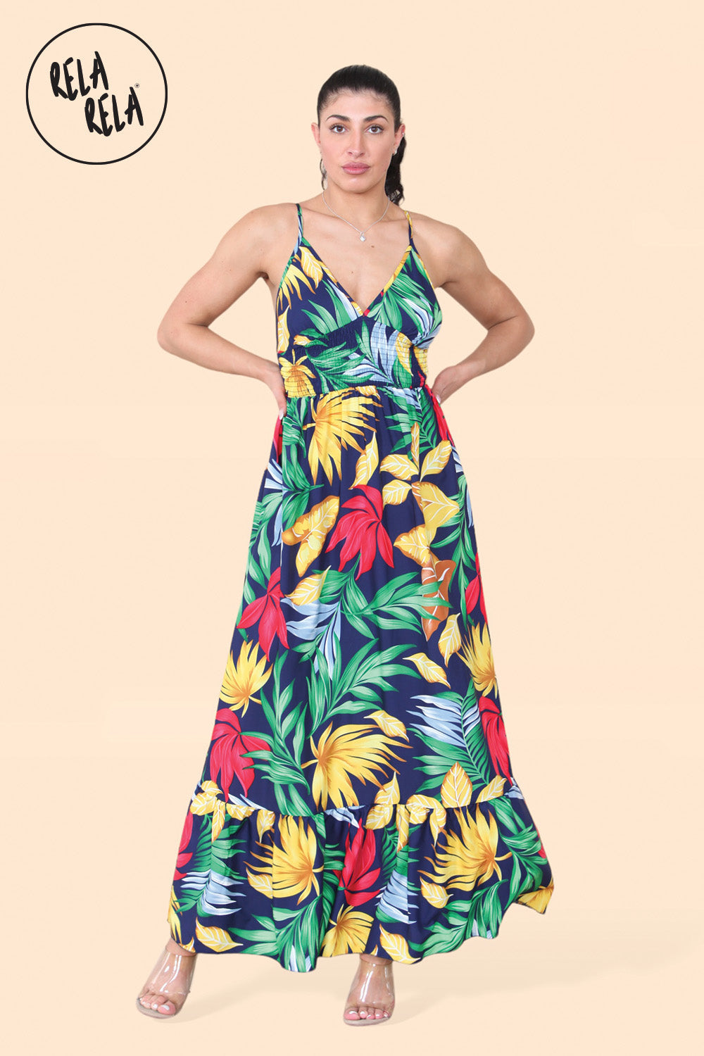 Floral Ruffle Hem Cami Maxi Dress with Shirred Back in Navy