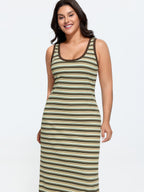 Striped Print Ribbed Scoop Neck Midi Dress