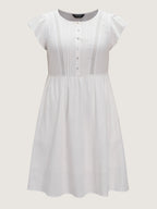 Cotton Lace Trim Pleated Plain Mini Dress