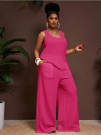 Women's Plus Size Pastel Pink 2-Piece Set,Summer Smart Casual Vacation Loose Textured U-Neck Tank Top And Elastic Waist Palazzo Pants Work Outfits