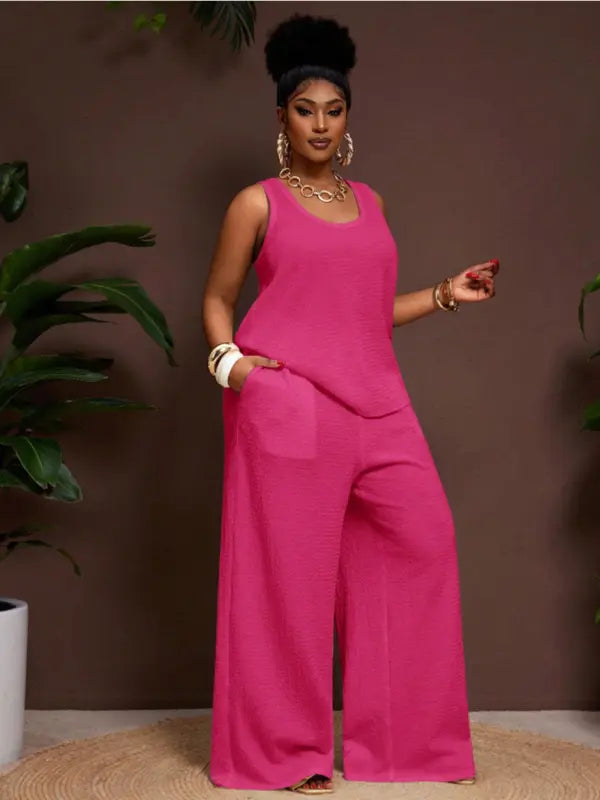Women's Plus Size Pastel Pink 2-Piece Set,Summer Smart Casual Vacation Loose Textured U-Neck Tank Top And Elastic Waist Palazzo Pants Work Outfits