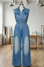 Sleeveless Button Front Cinch Waist Flare Leg Denim Jumpsuit-Blue