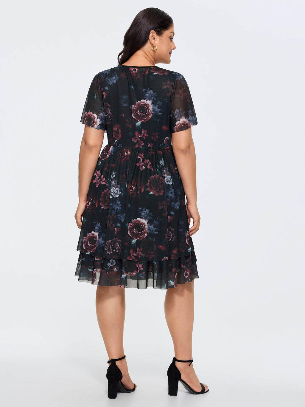 Stretchy Floral Mesh V-Neck Mini Dress