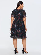 Stretchy Floral Mesh V-Neck Mini Dress