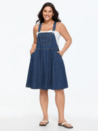 Stretchy Overall Straps Pleated Mini Denim Dress
