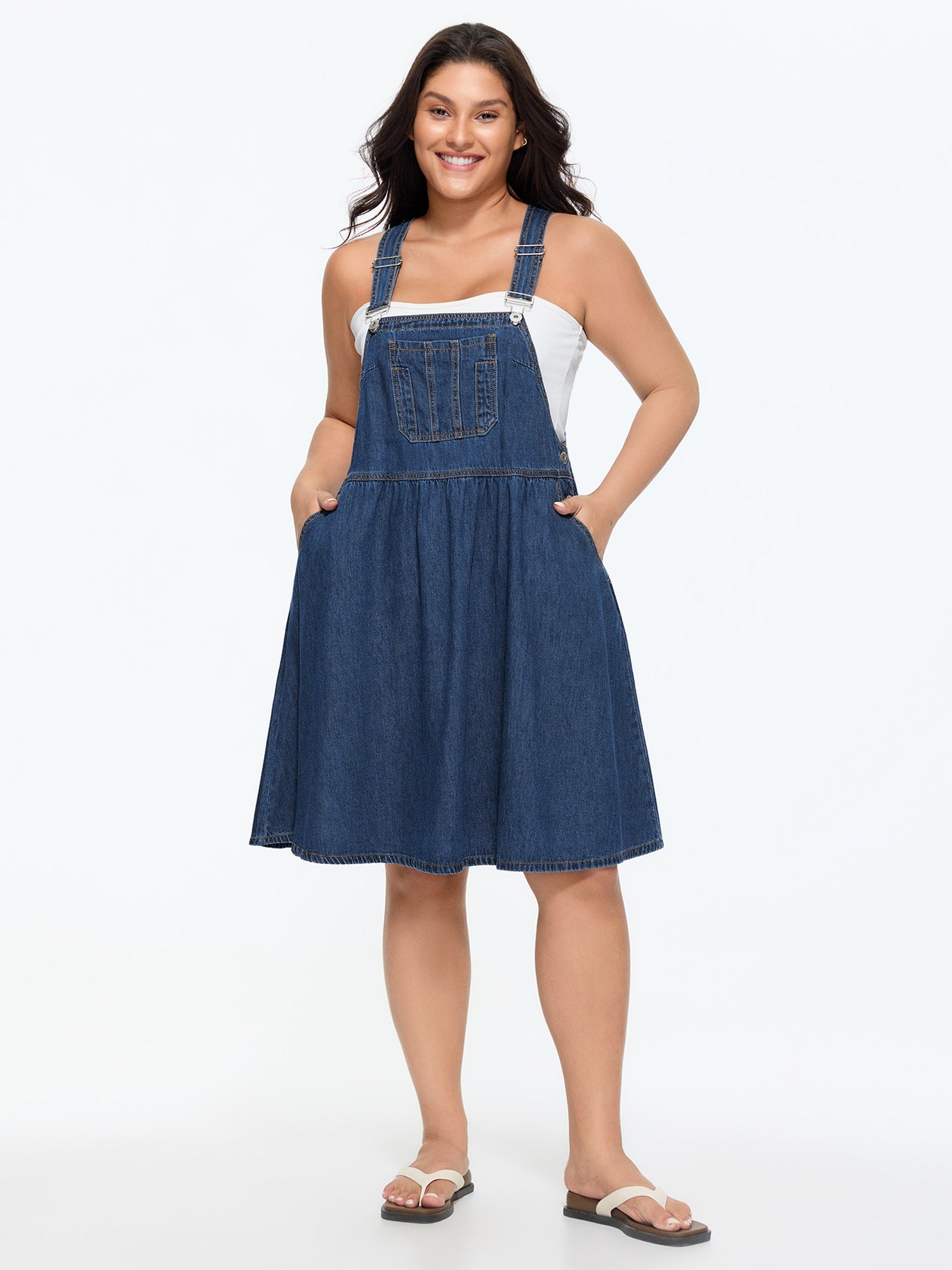 Stretchy Overall Straps Pleated Mini Denim Dress