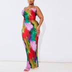 Plus Multi Printed Plisse Cowl Neck Maxi Dress