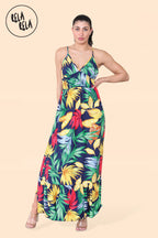 Floral Ruffle Hem Cami Maxi Dress with Shirred Back in Navy