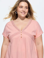 Cotton Lace Neckline Sheer T-Shirt