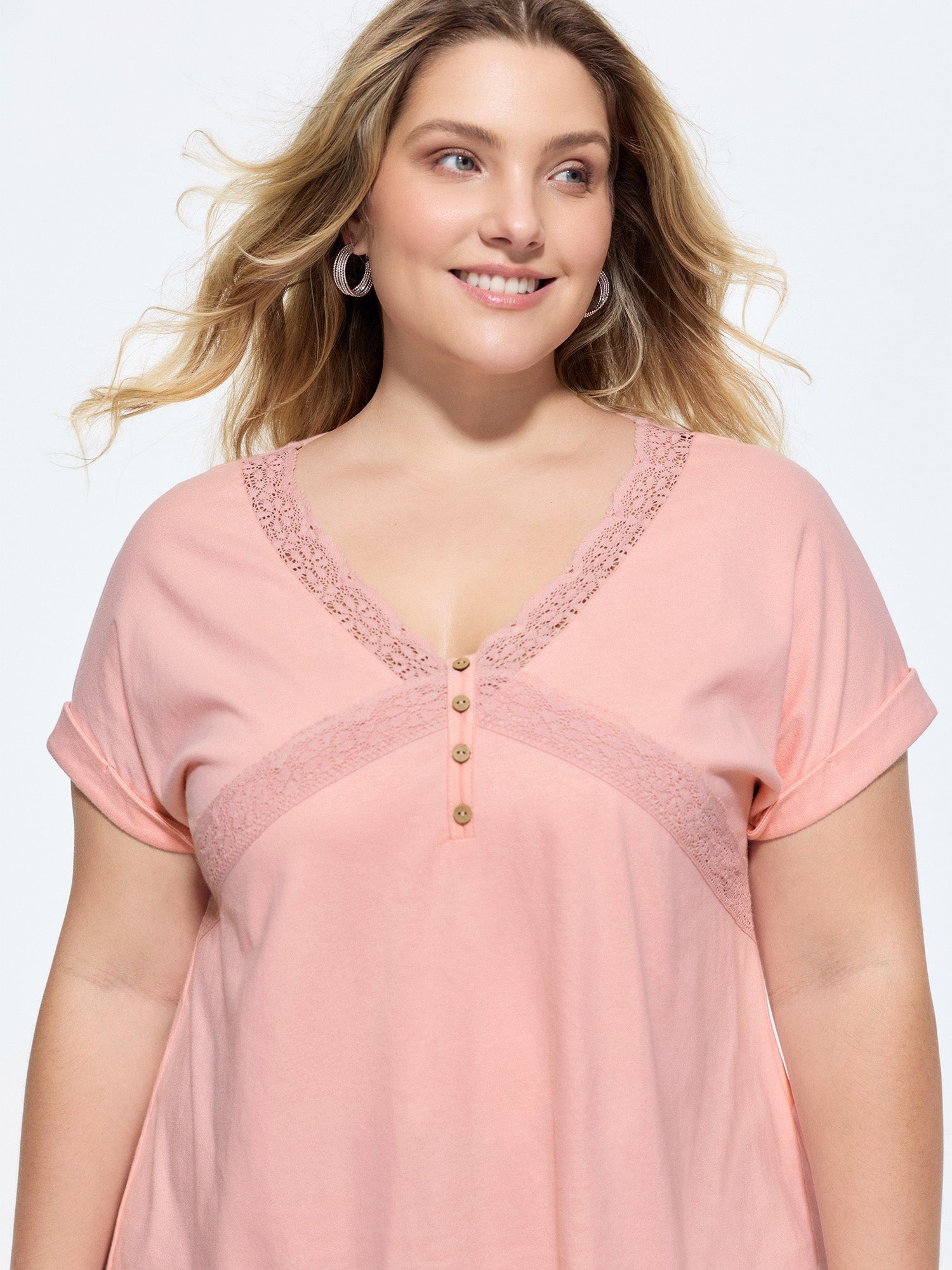Cotton Lace Neckline Sheer T-Shirt