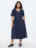 Supersoft Cinched-Waist Pockets Seamed Faux Denim Midi Dress