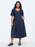 Supersoft Cinched-Waist Pockets Seamed Faux Denim Midi Dress