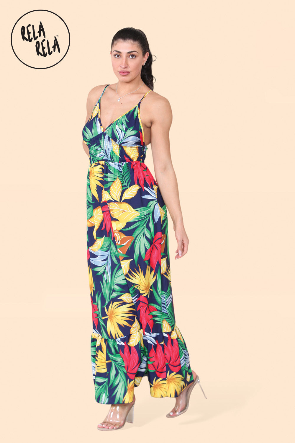 Floral Ruffle Hem Cami Maxi Dress with Shirred Back in Navy