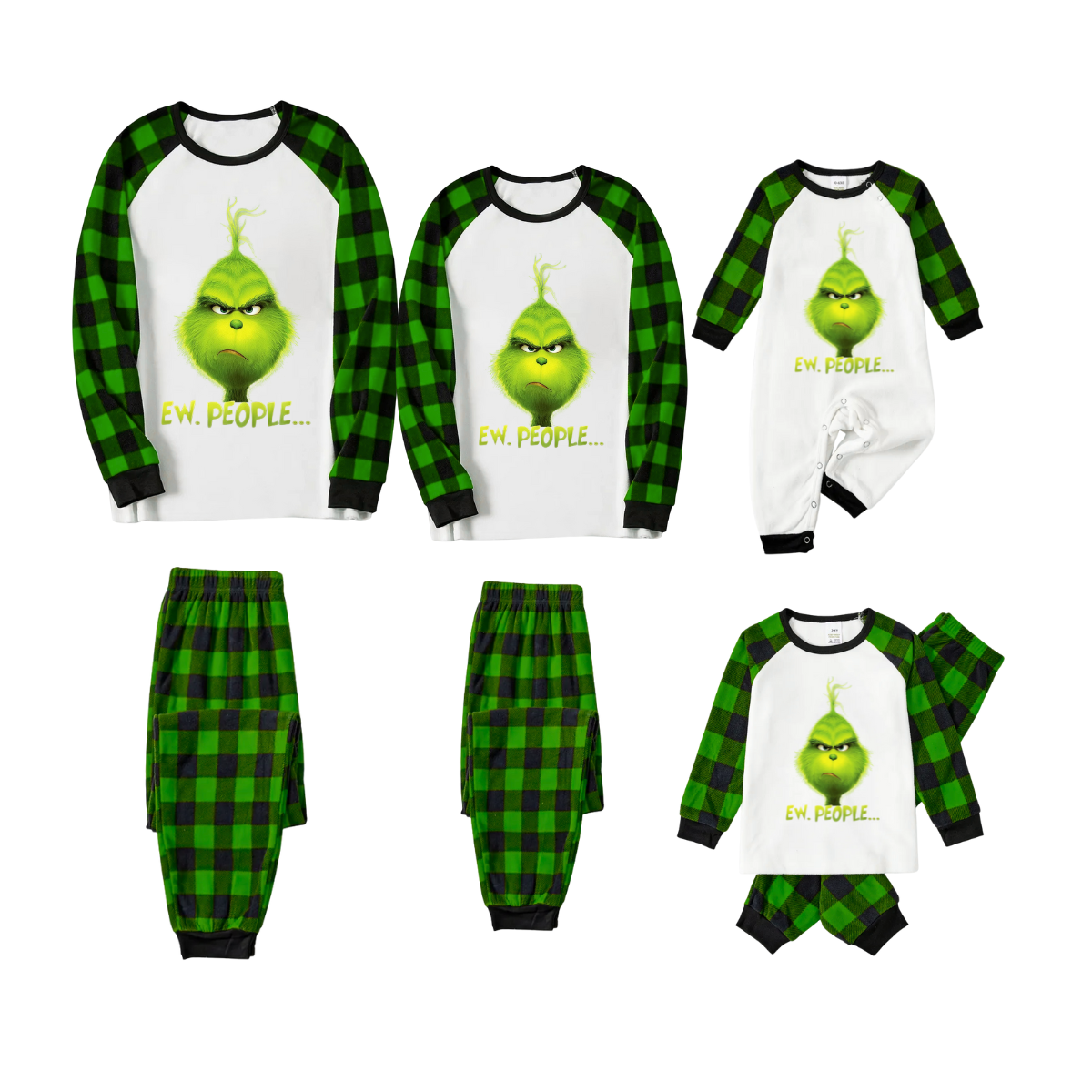 Grinch Ew People Christmas Pajamas - Green Buffalo Plaid