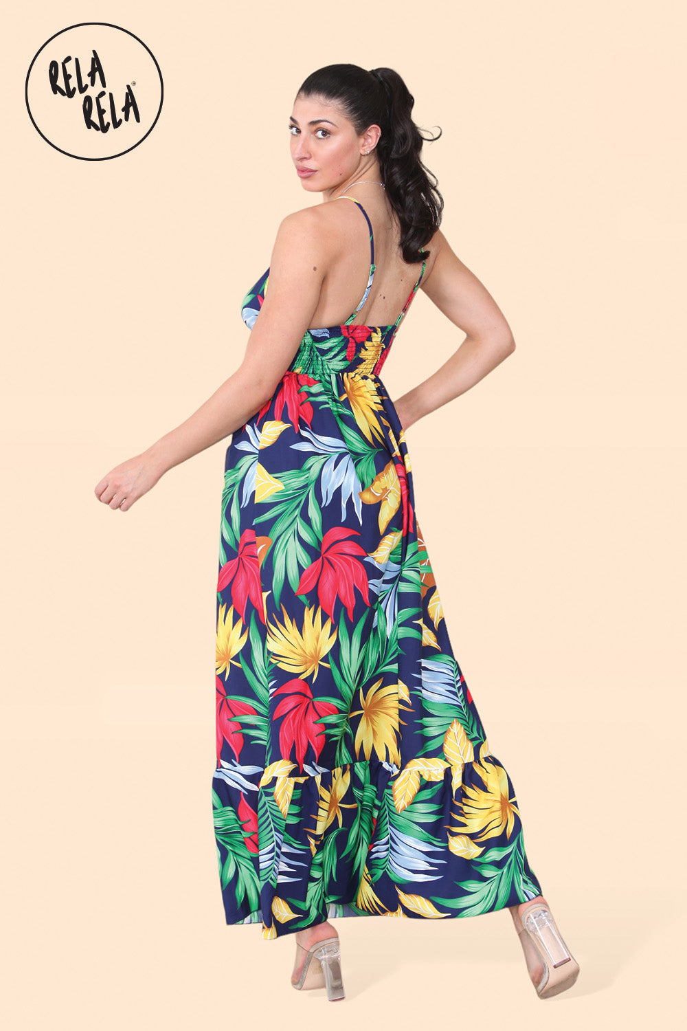 Floral Ruffle Hem Cami Maxi Dress with Shirred Back in Navy