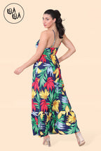 Floral Ruffle Hem Cami Maxi Dress with Shirred Back in Navy