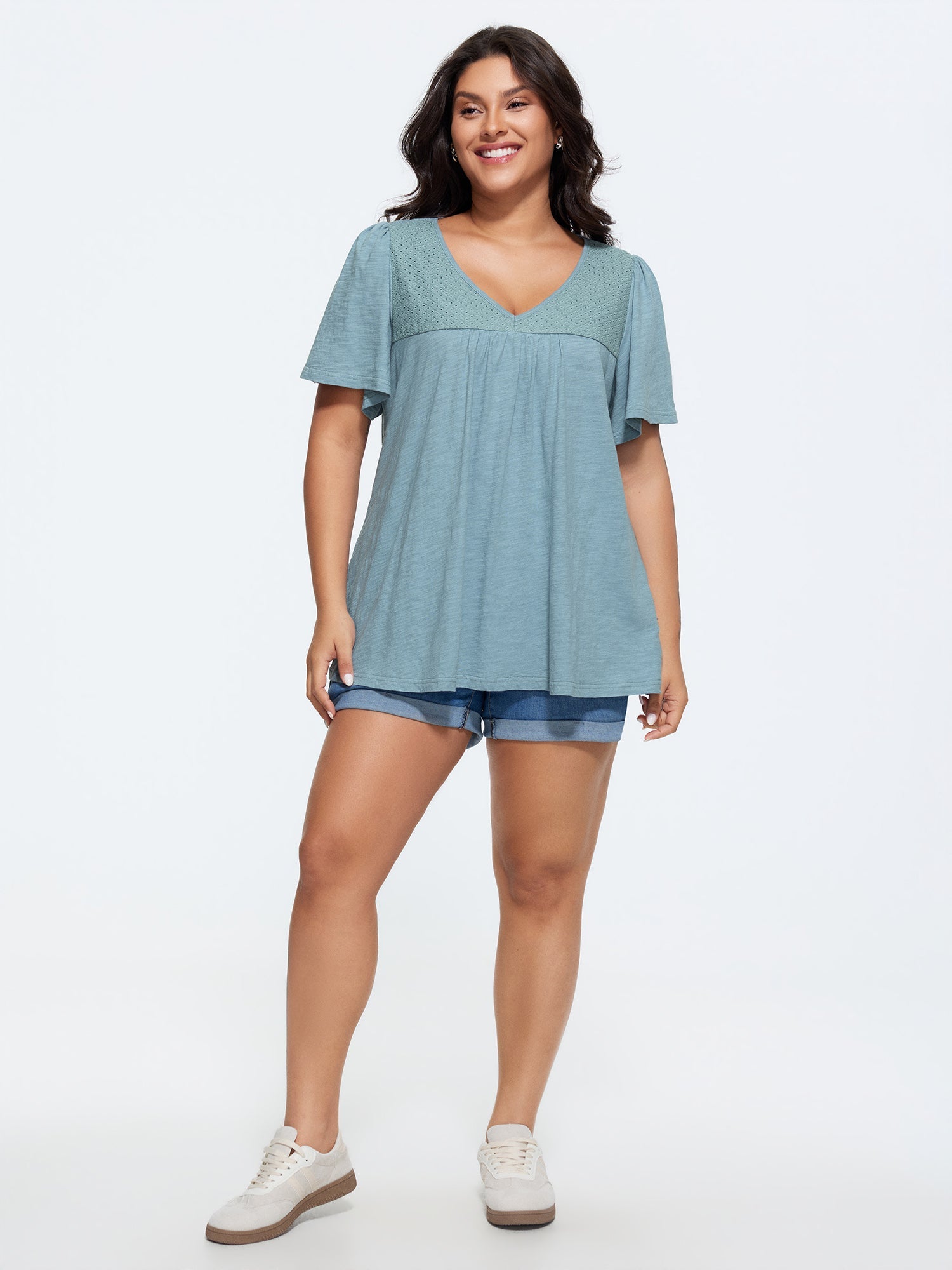 Cotton Ruffled Sleeve V-Neck T-Shirt