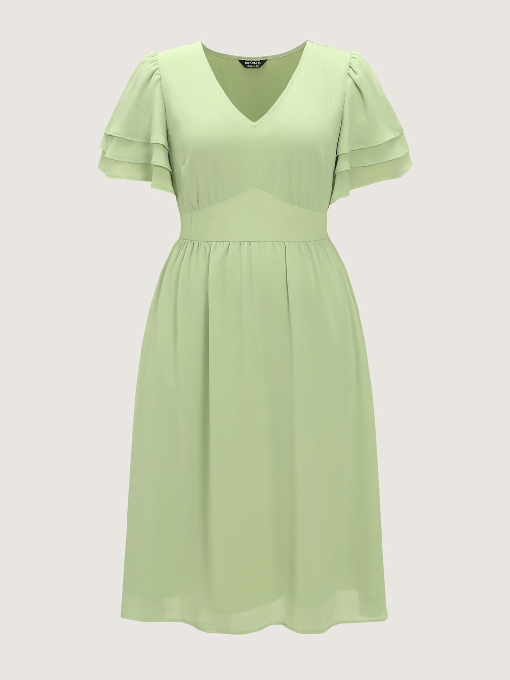 Plain Layered Sleeve Cinched-Waist Midi Dress