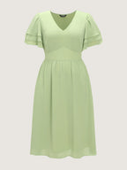 Plain Layered Sleeve Cinched-Waist Midi Dress