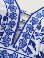 Tropical Print Cut-Out Neckline Swim Top