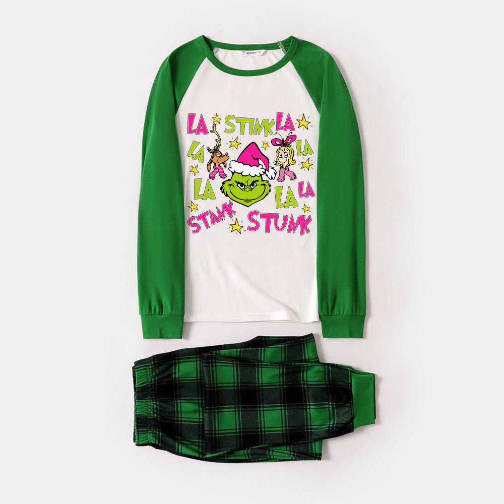 Green Raglan Top Green Plaid Christmas Pajamas Set With Grinch Wearing Pink Santa Hat Print