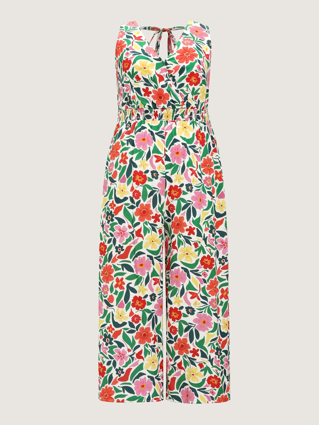 Vibrant Floral Print Shirred Waist Jumpsuit