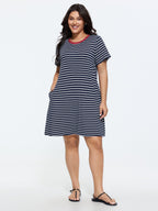 Striped Print Color Contrast T-Shirt Mini Dress