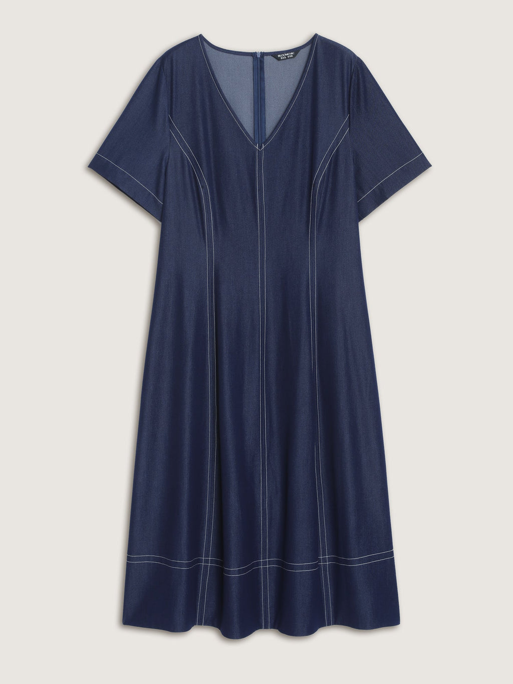 Supersoft Cinched-Waist Pockets Seamed Faux Denim Midi Dress