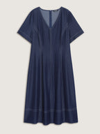 Supersoft Cinched-Waist Pockets Seamed Faux Denim Midi Dress