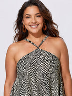 Sheer Geometric Print Halter Neckline Slip Maxi Dress